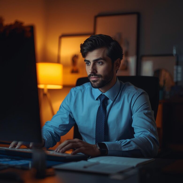 ビジネスマン　パソコン　デスクワーク　働き者　スーツ　コンピュータ